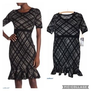 NINA LENARD Geo Plaid Ruffle Knit Sweater Dress Small